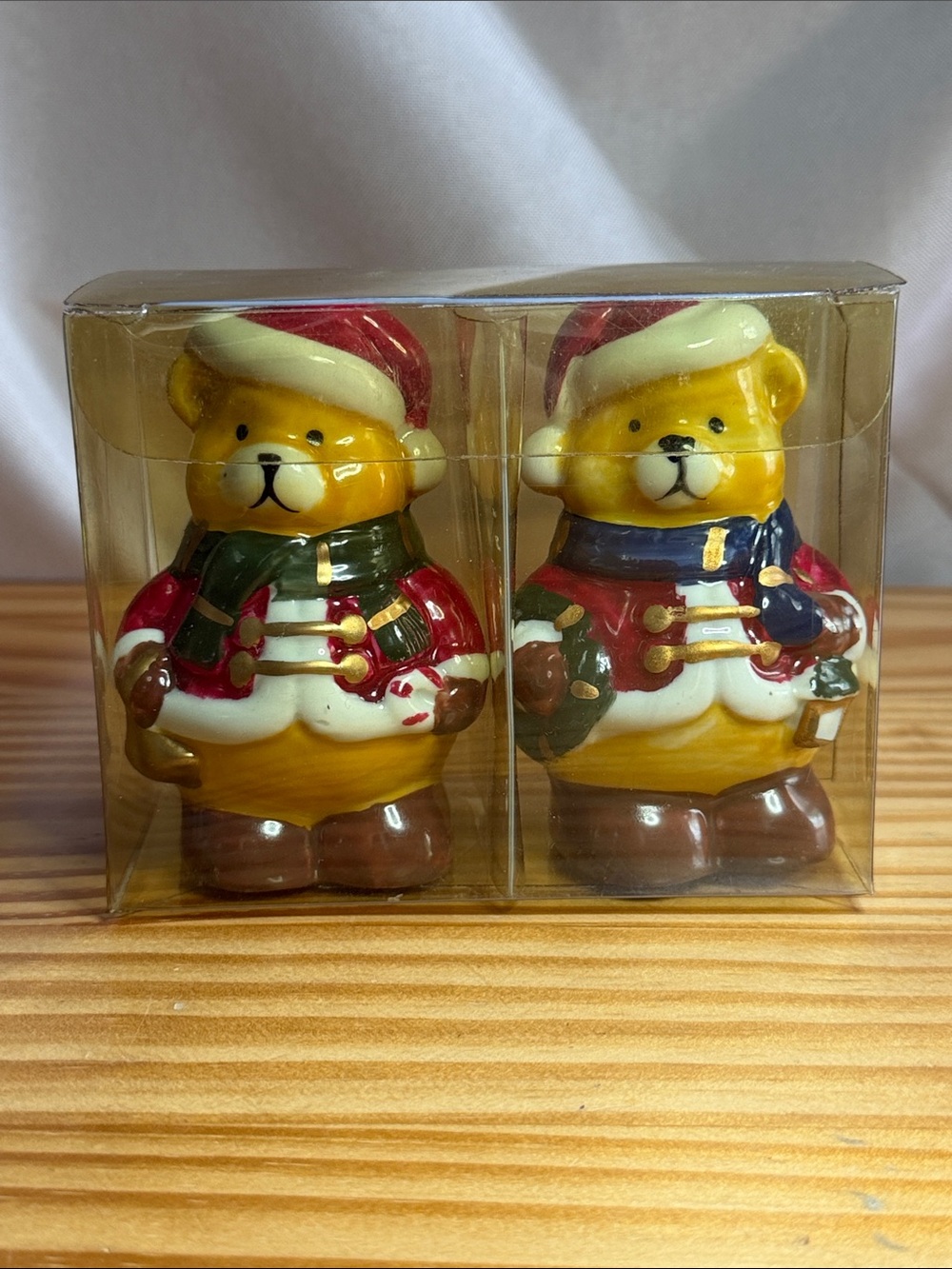 Vintage Christmas Teddy Bear Salt & Pepper Shakers Set NIB 3.75"